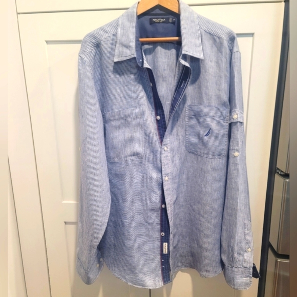 Nautica 100%Linen Men's Long  Sleeve Button down Shirt Stripes Dark Blue/White